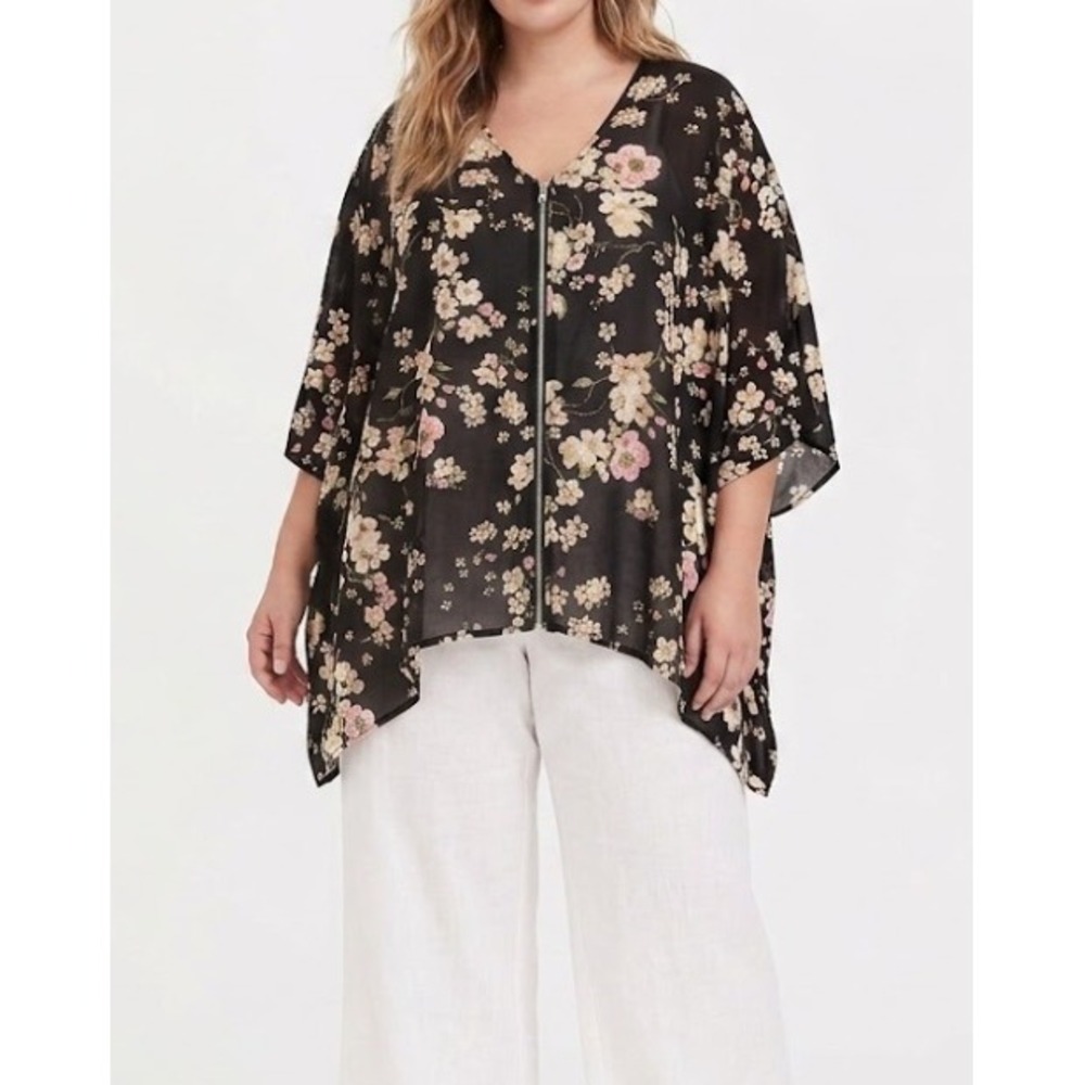 Torrid Floral Zip Front Kimono Top 3X Black Multi Cherry Blossom Chiffon Blouse